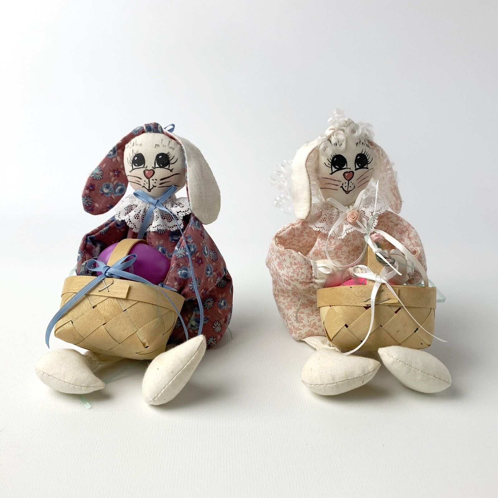 Vintage Handmade  Folk Art Easter Bunny doll Pair shelf sitter bowl filler