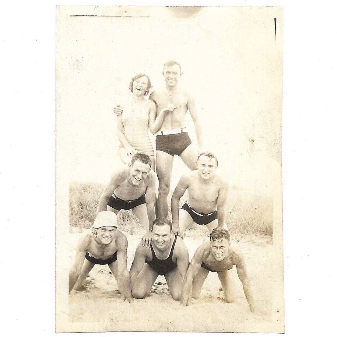 Shirtless Army Men Human Pyramid Beach WWII Era Vintage Photo Abs Gay Interest