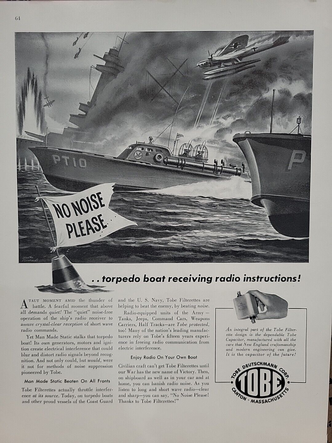 1942 TOBE Deutschmann Corp. Fortune WW2 Print Ad Q4Torpedo Boat Explosion Bomber