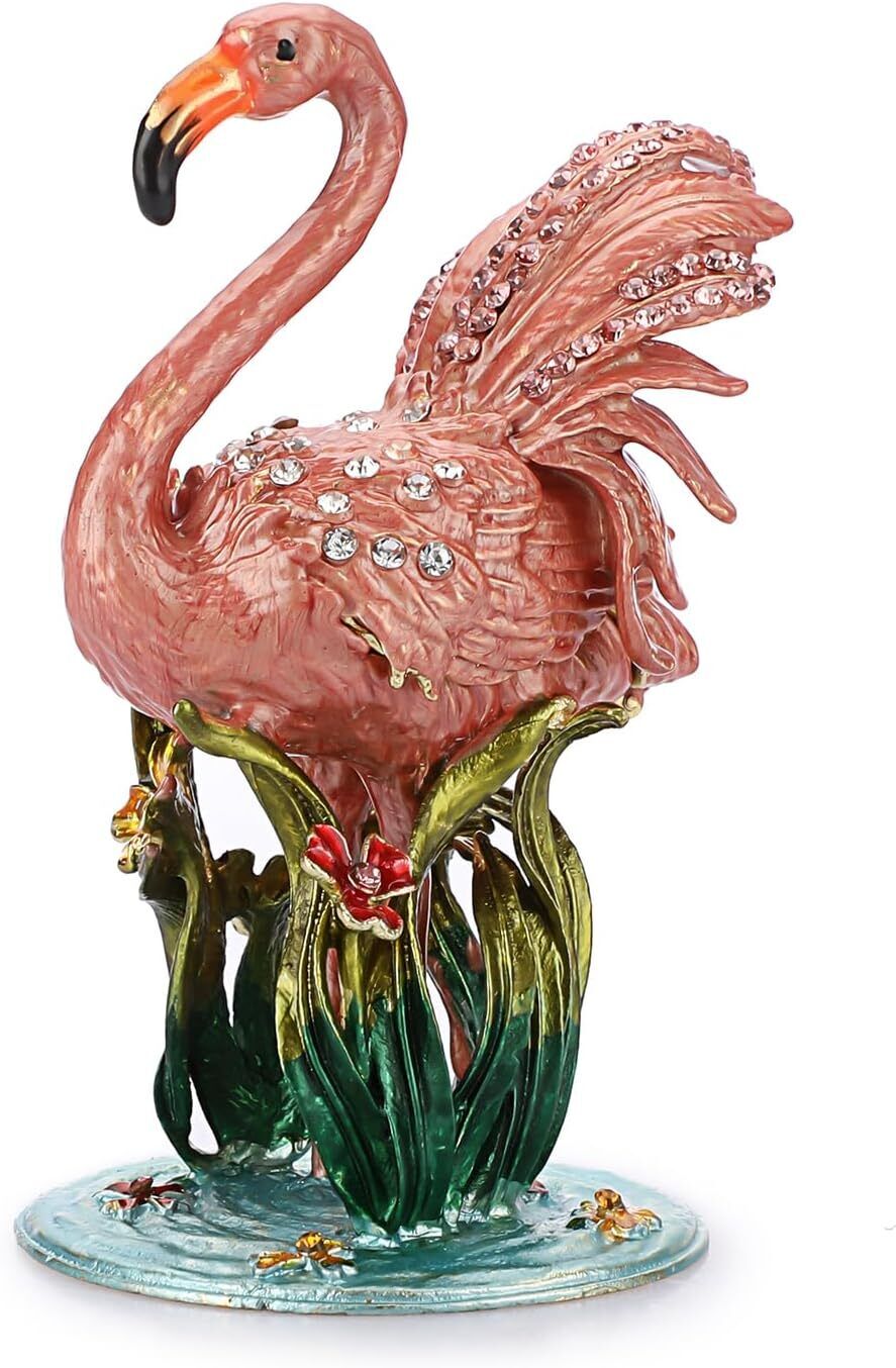 Bejeweled Enameled Animal Trinket Box/Figurine Gift Box - Mini Flamingo