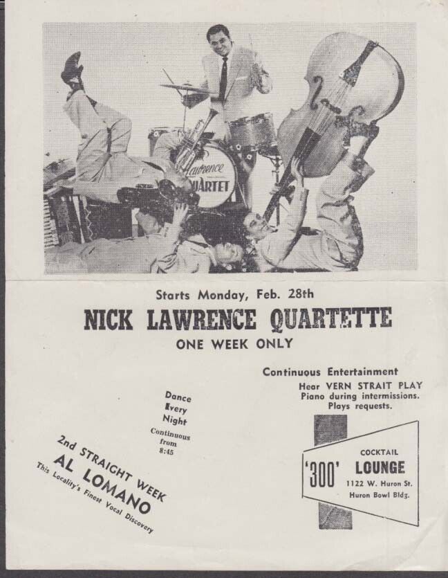 Nick Lawrence Quartette 300 Cocktail Lounge flyer Chicago ca 1960s