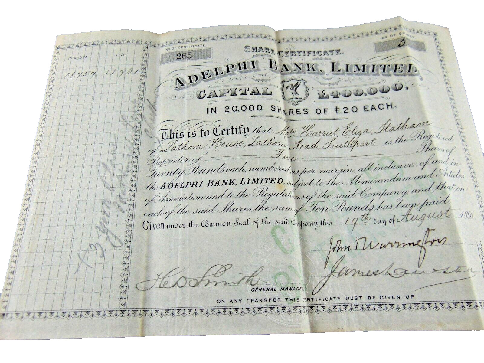 Adelphi Bank Liverpool 1891 Share Certificate Harriet Statham Southport