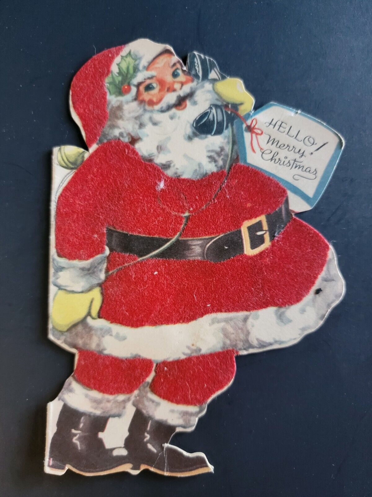 Whit Santa on Rotary Phone Vintage c1940\'s Felt Christmas Card/Tag