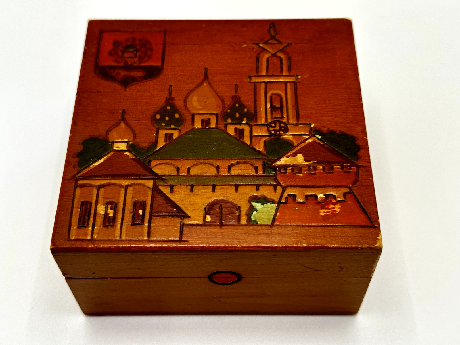 Soviet Union Wood Trinket Box Vintage Woodburned & Painted Receipt Inside