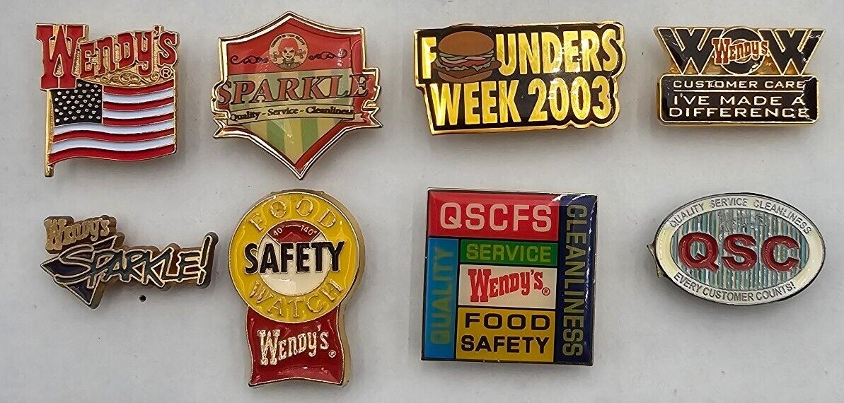 Lot of 8 Vintage Wendy’s Fast Food Employee Uniform Shirt Hat Pins