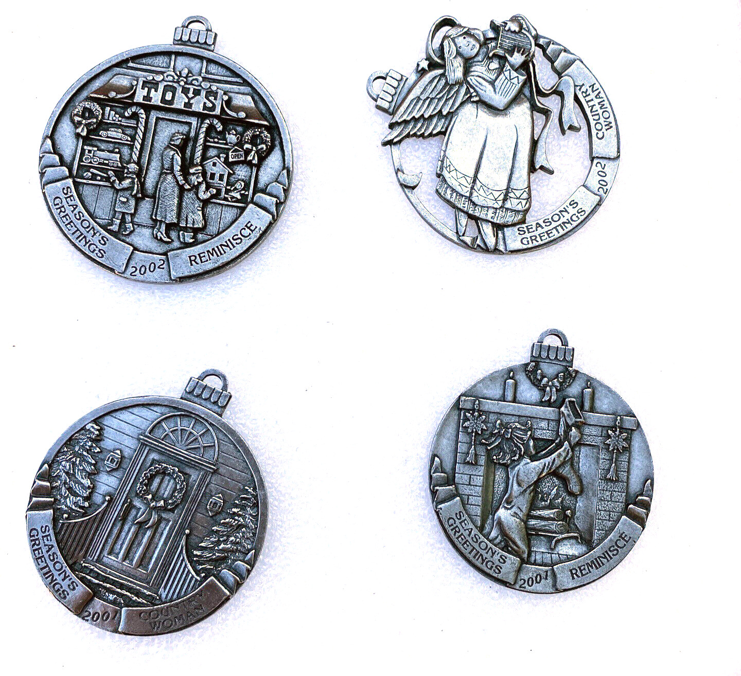 Lot of 4 Vintage Pewter Christmas Ornaments \'Season\'s Greetings - Country\'