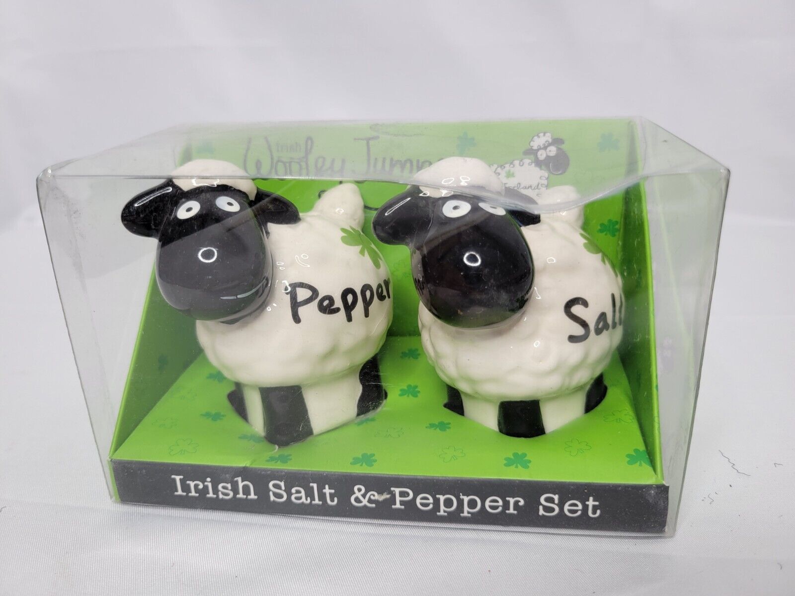 Sheep Salt and Pepper Shakers Farm Barn Irish 3 Leaf Clover NIB