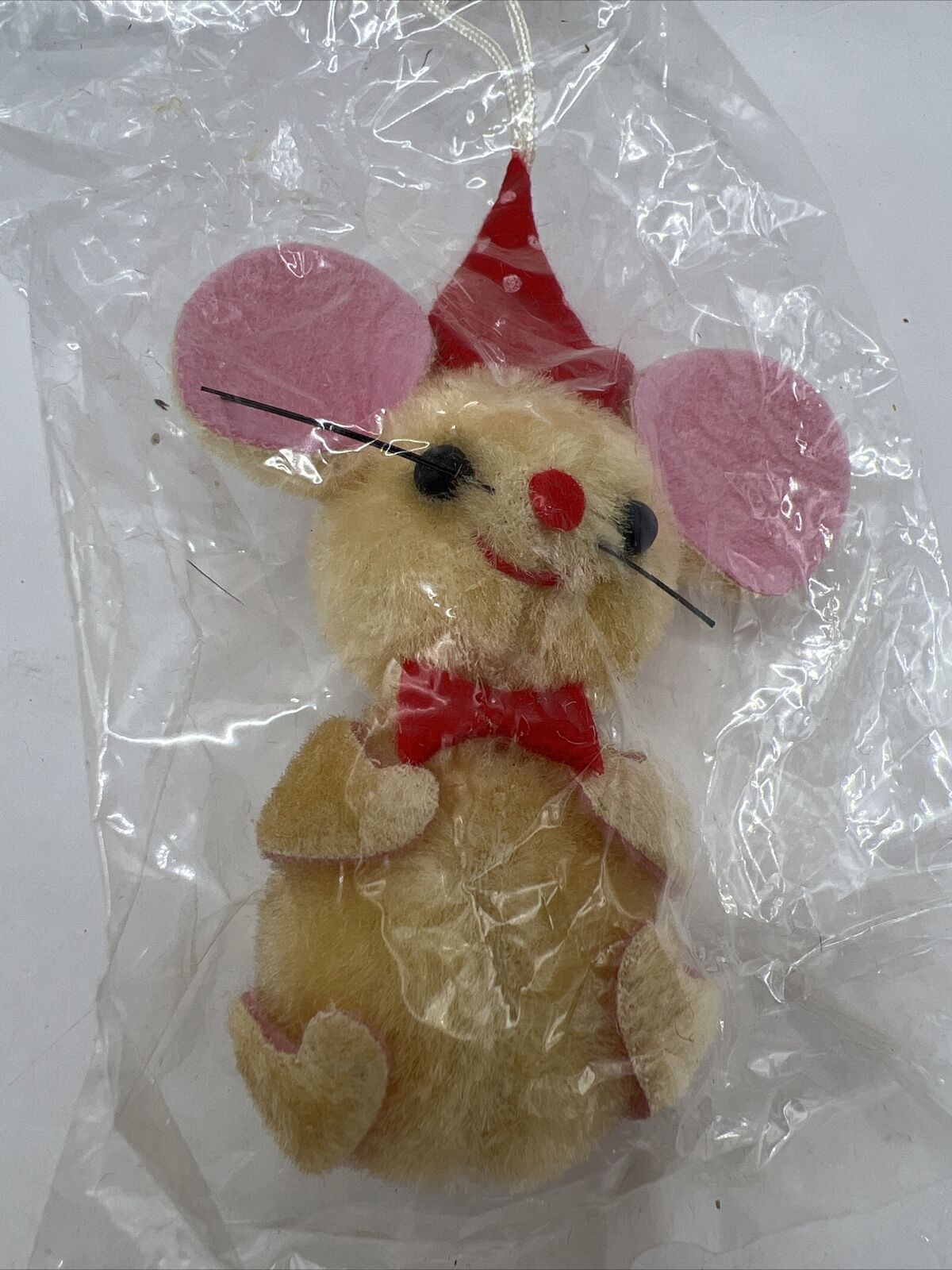 Vintage NOS Flocked Mouse with Red Hat Christmas Ornament Original Package 