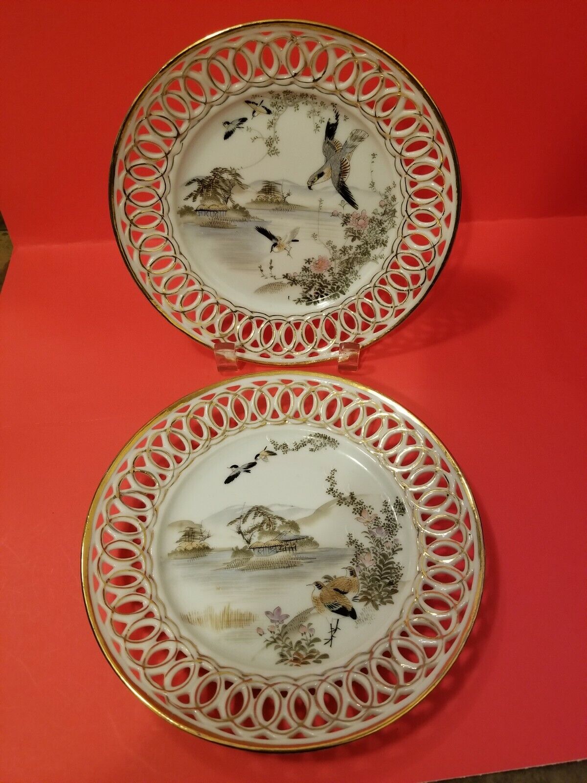 Antique Pr Japanese Porcelain Plates Reticulated Rim Signed