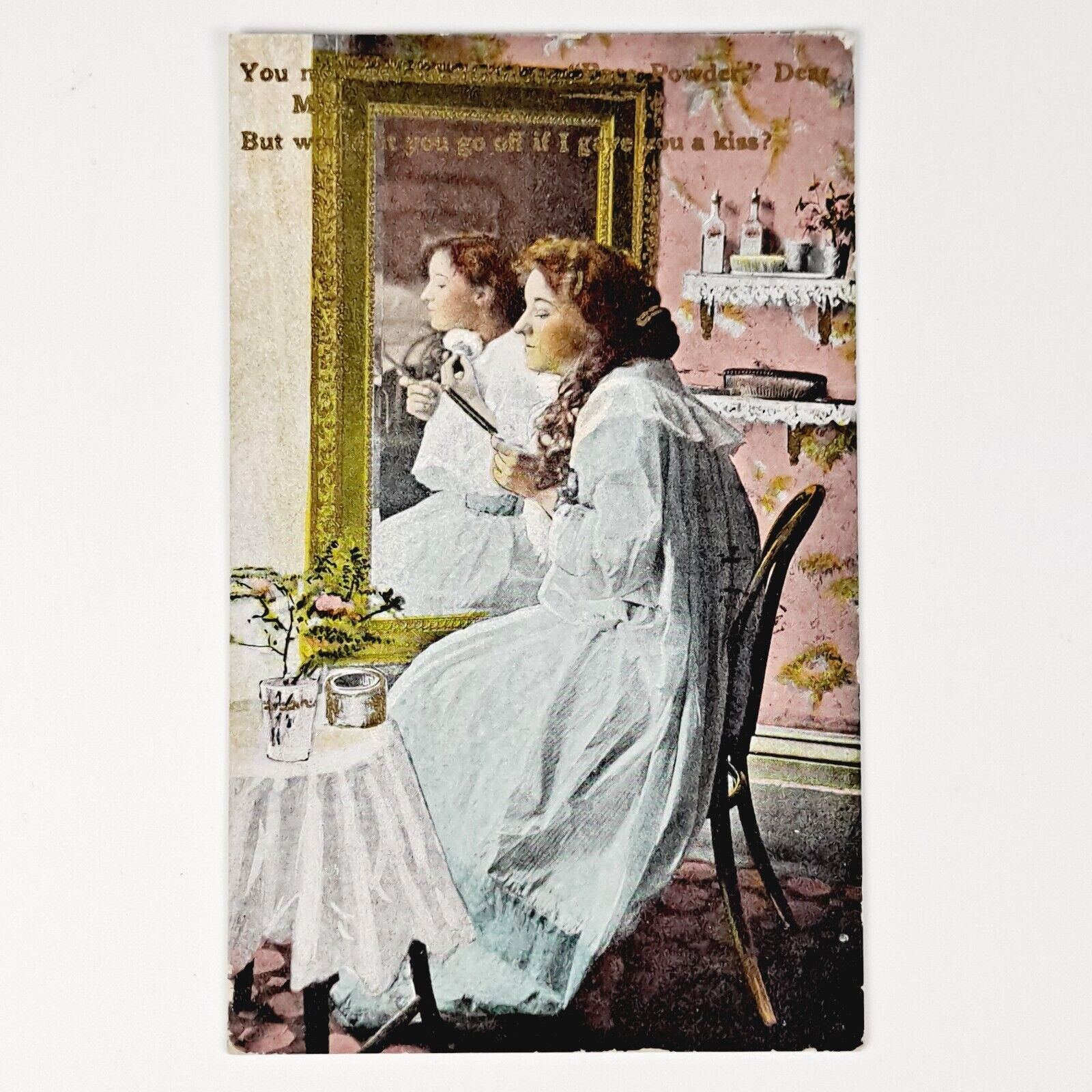 ANTIQUE 1910 POST CARD LOVE & ROMANCE PREPARING FOR COURTSHIP POSTCARD - POSTED