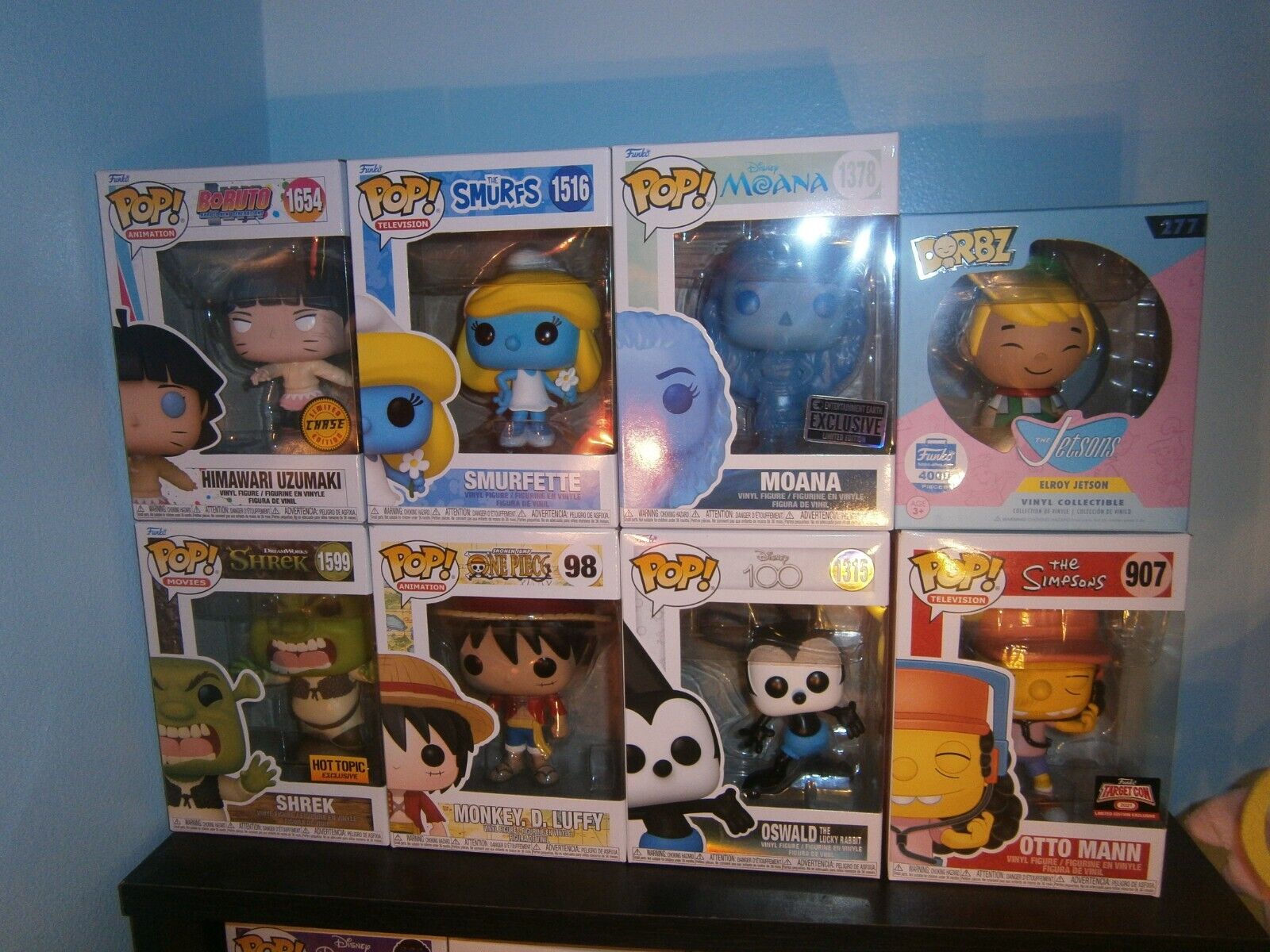 8pc cartoon Funko lot; Boruto chase, Hot Topic Shrek, Luffy, Simpsons Otto, etc.