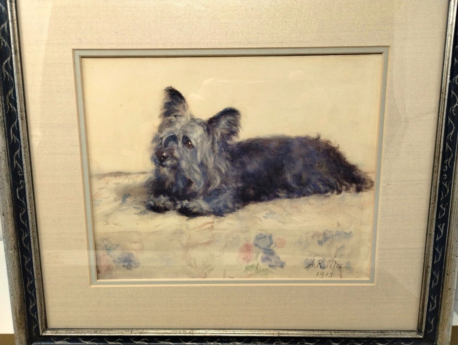 Aline R. Ellis 1913 Antique Skye Terrier Original Dog Watercolor Painting Signed
