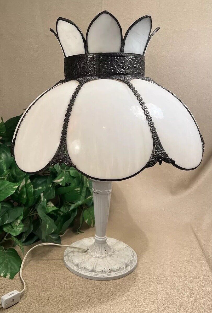 Tulip Style White Slag Glass & Brass Lamp Shade - No Cracks or Chips, Antique