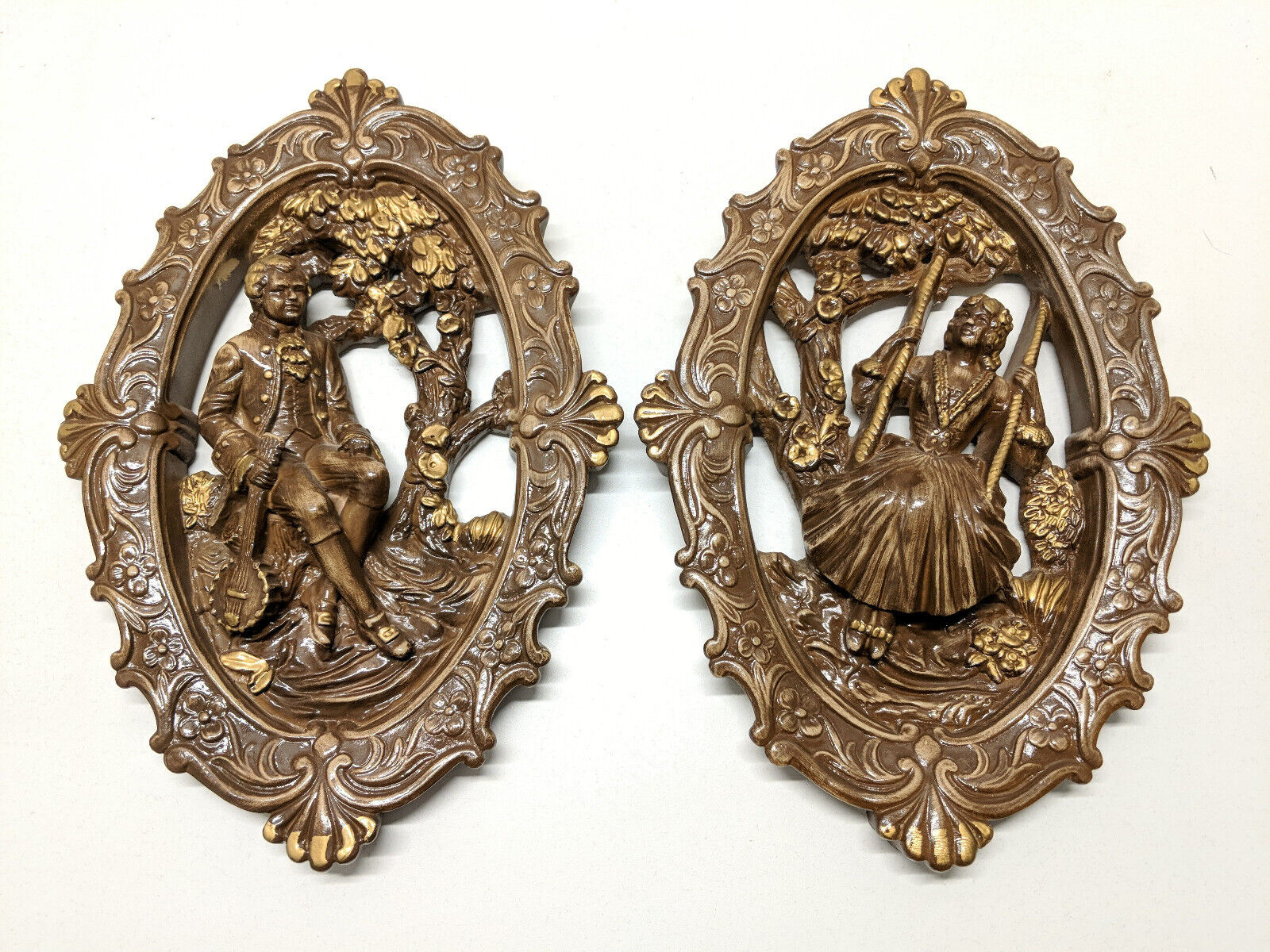 Pair of Vintage Victorian Style Man and Woman Chalkware Wall Plaques 3D