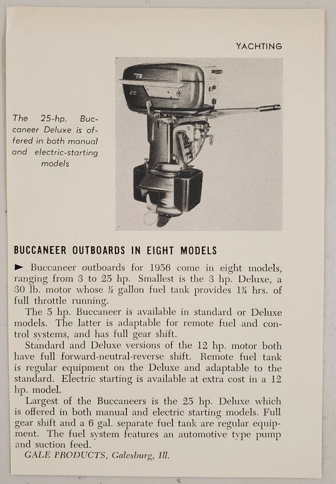 1956 Magazine Photo Buccaneer 25-HP Deluxe Outboard Motors Gale Galesburg,IL