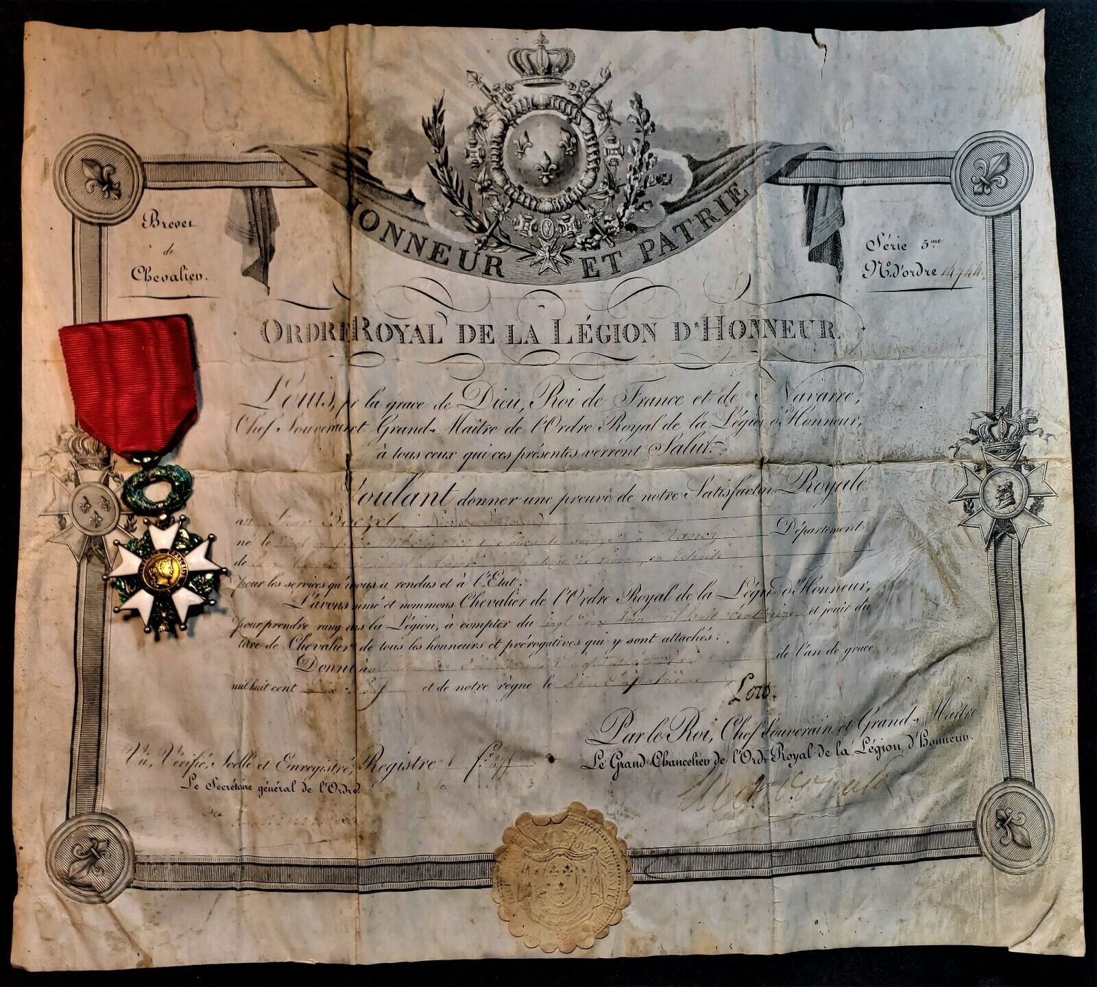 KING LOUIS XVIII SIGNED KNIGHT PATENT DIPLOMA & ORDER OF LEGION OF HONOR - 1813
