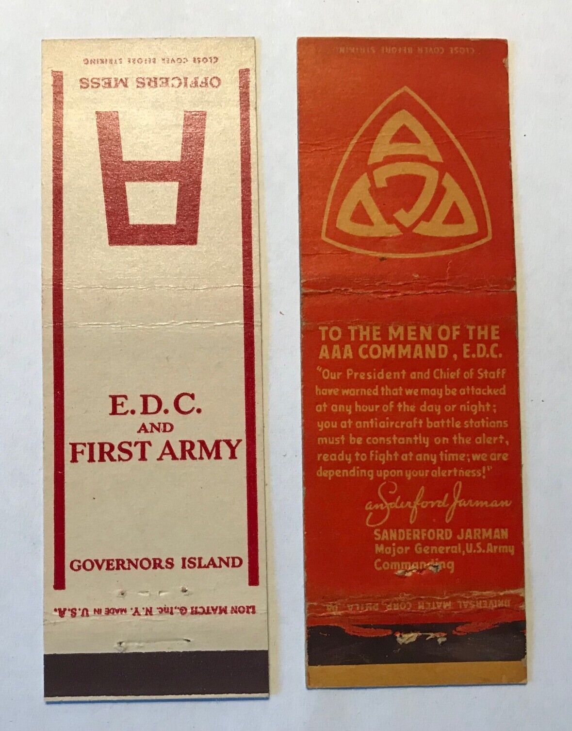 2 Matchbook Covers US Army WWII Eastern Defense Command EDC Governer\'s Island NY