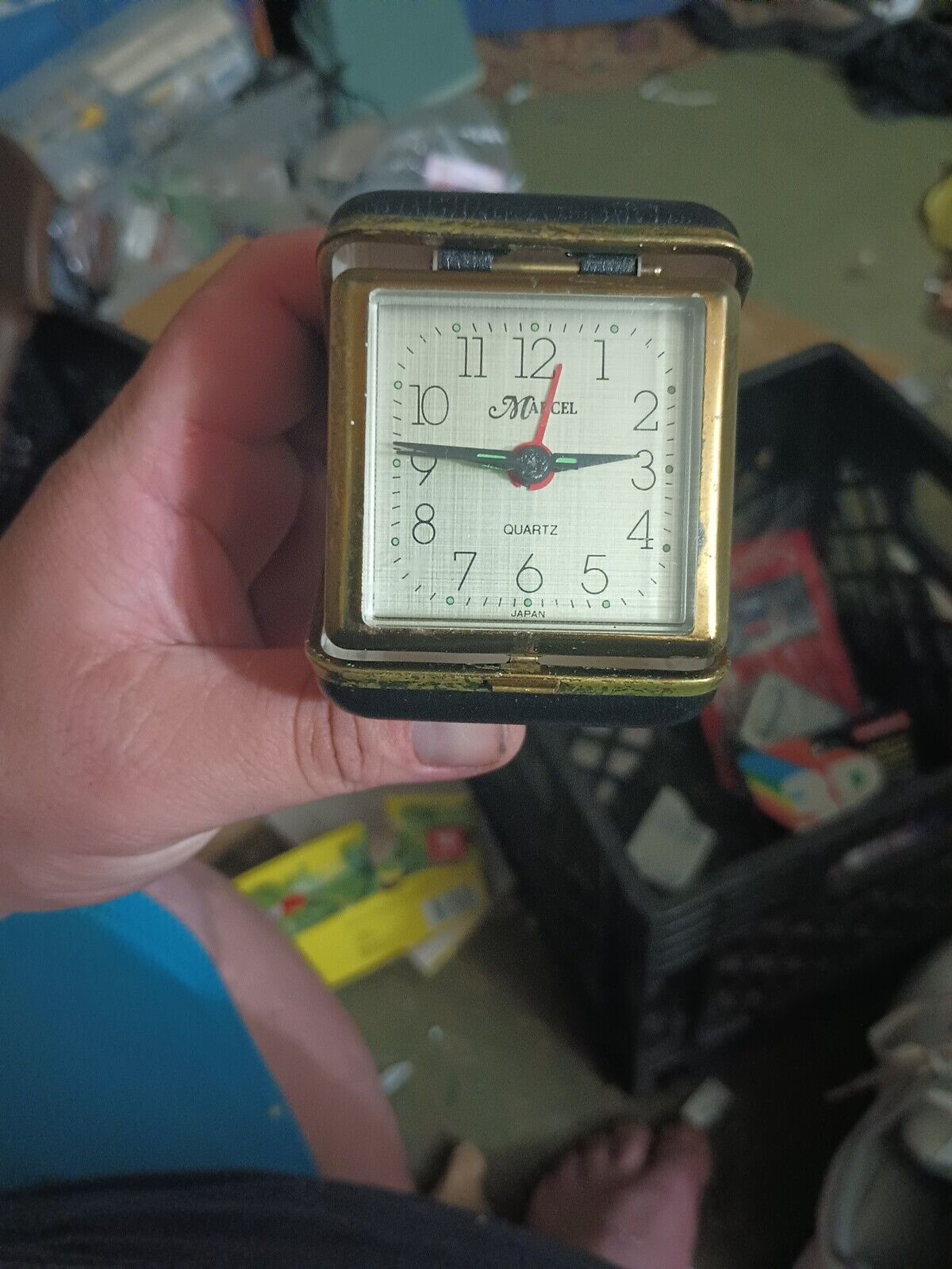 Vintage Marcel Watch Quartz Travel Alarm Clock Black Case Gold Trim Japan