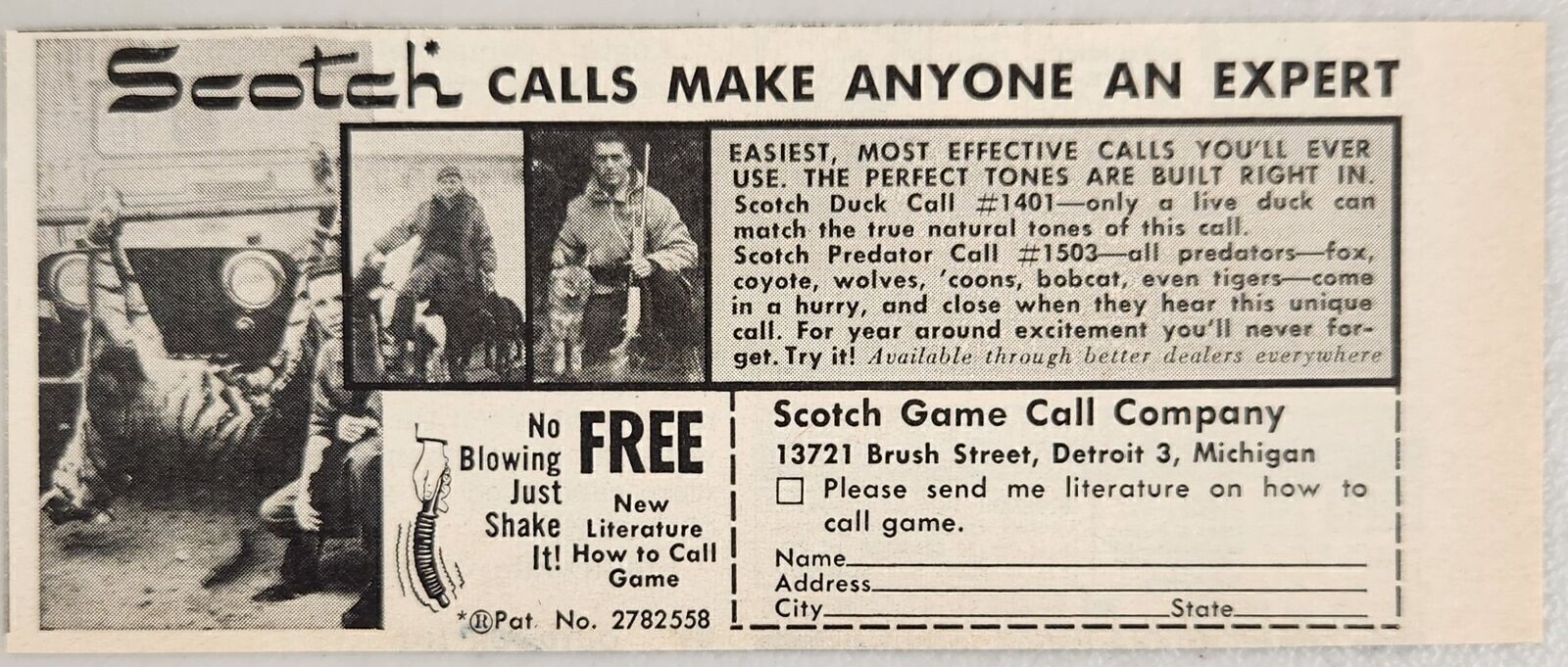 1962 Print Ad Scotch Duck & Predator Game Calls Made in Detroit,Michigan