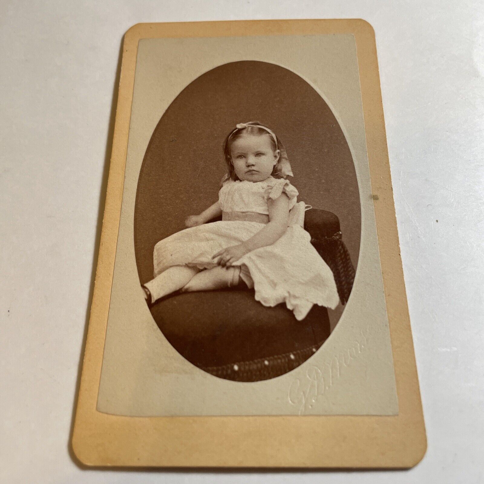 CDV 1867 SAN FRANCISCO,CA LITTLE GIRL OFF SHOULDER DRESS,CUMMERBUND.RIBBON HAIR