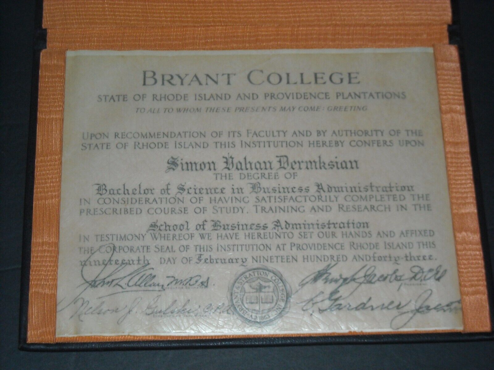 Vintage 1943 Bryant College Diploma with Presentation Case