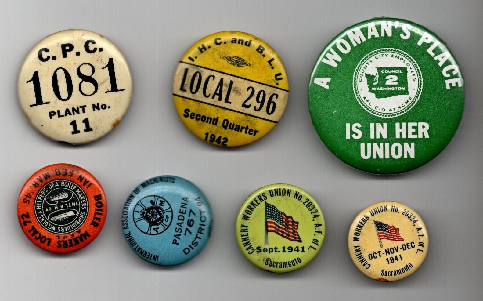 7 Union Membership Pinback Buttons 1941-45 California +?