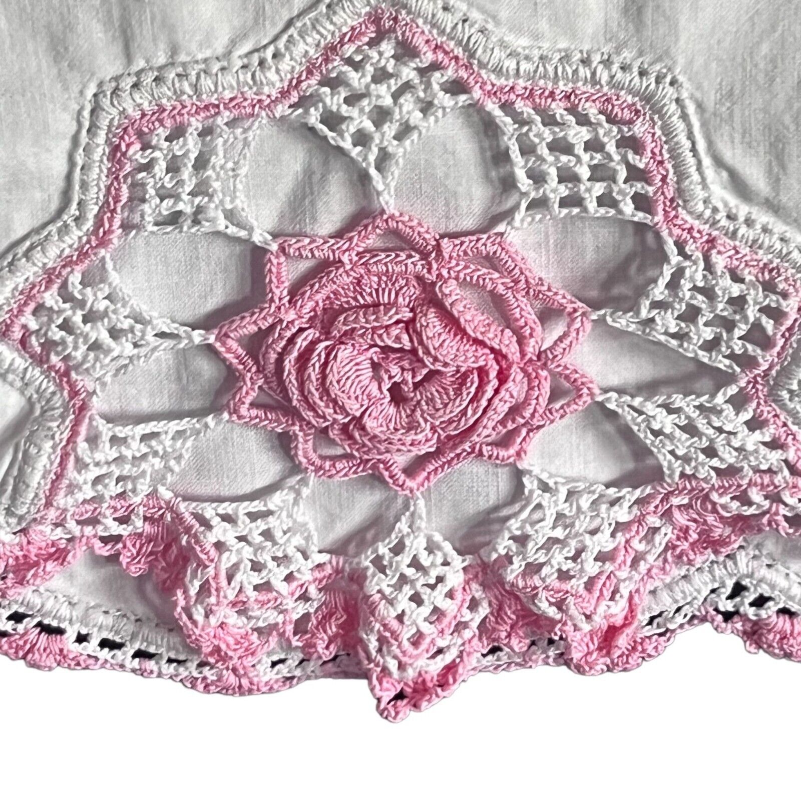 Vintage Crocheted King White Pillowcase Pink Floral Design at pillow insert