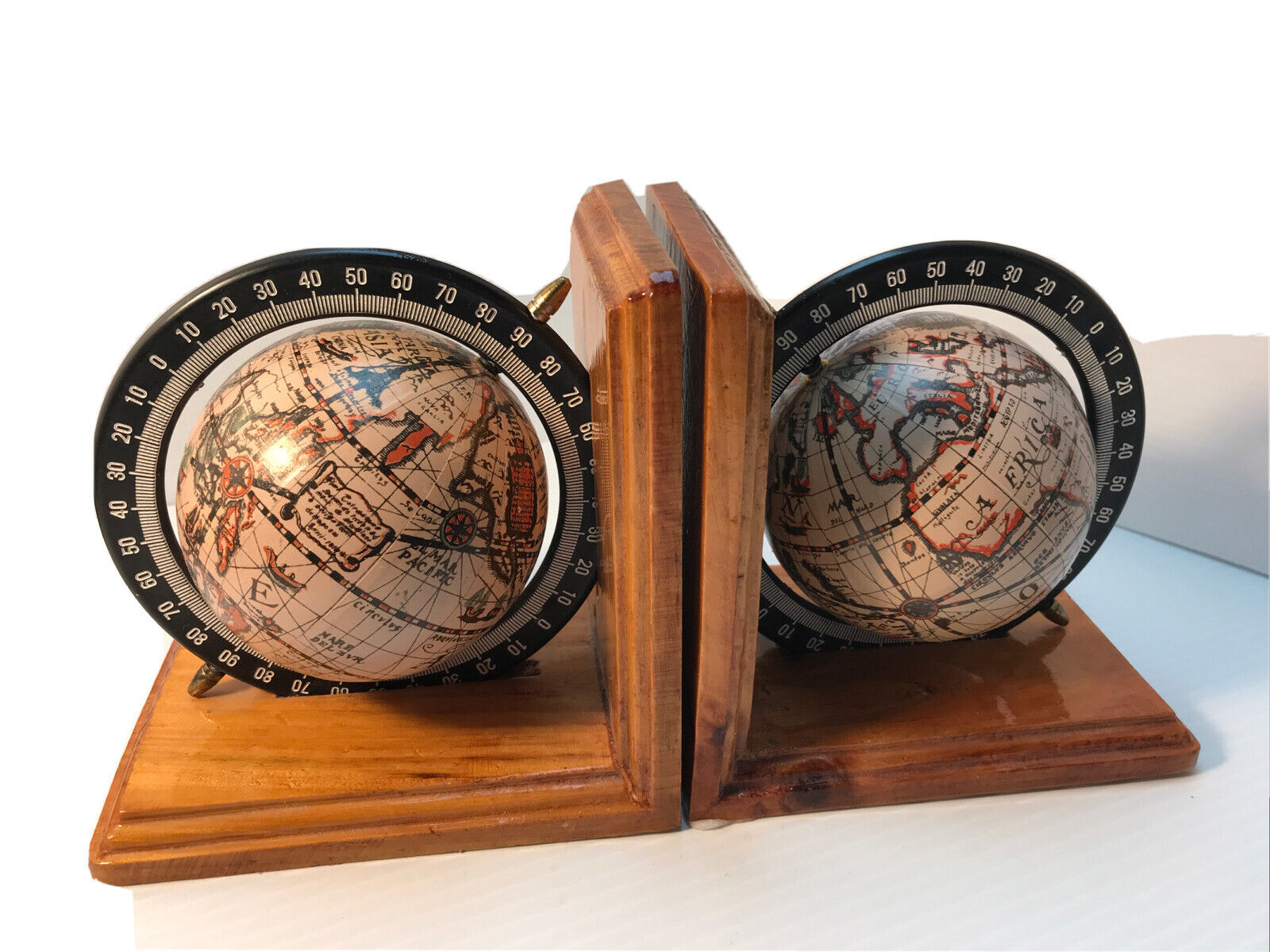 Vintage Rotating Globe Old World Wooden Beveled Bookends Set
