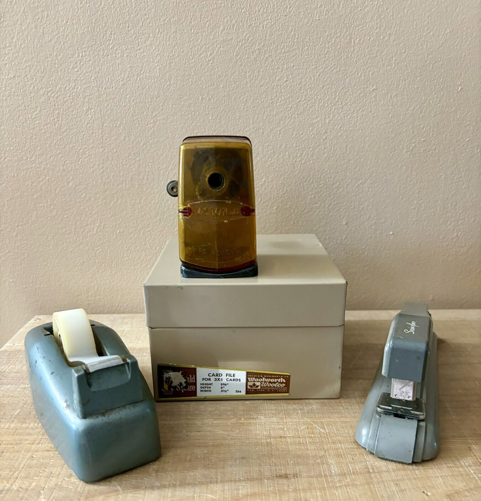 Vintage 70s Desk Accessories Bostonette Pencil Sharpener Tape Dispenser Stapler