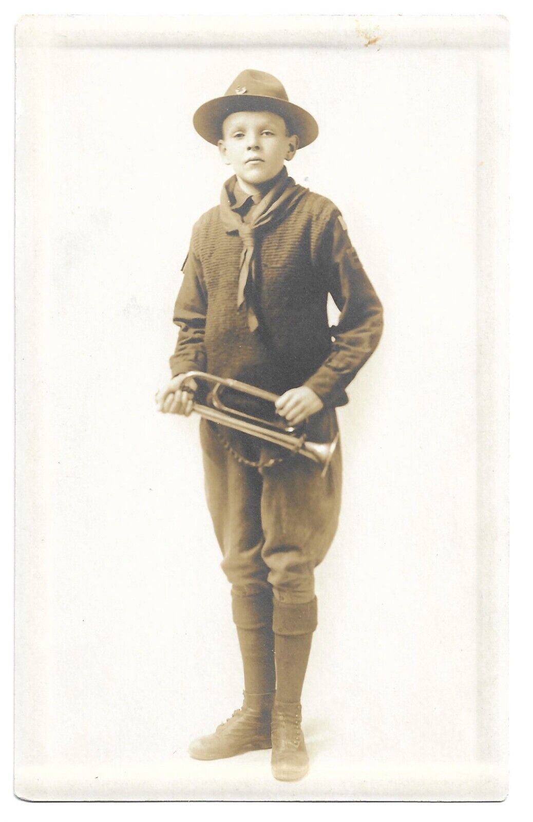 Boyscout With Horn In Studio 1920s Antique RPPC Photo Postcard Brooklyn New York