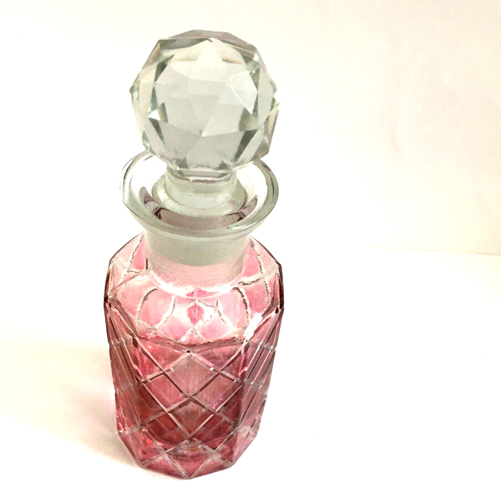 VINTAGE FLASH CUT TO CLEAR GLASS CRYSTAL  Perfume Bottle GROUND STOPPER 5”