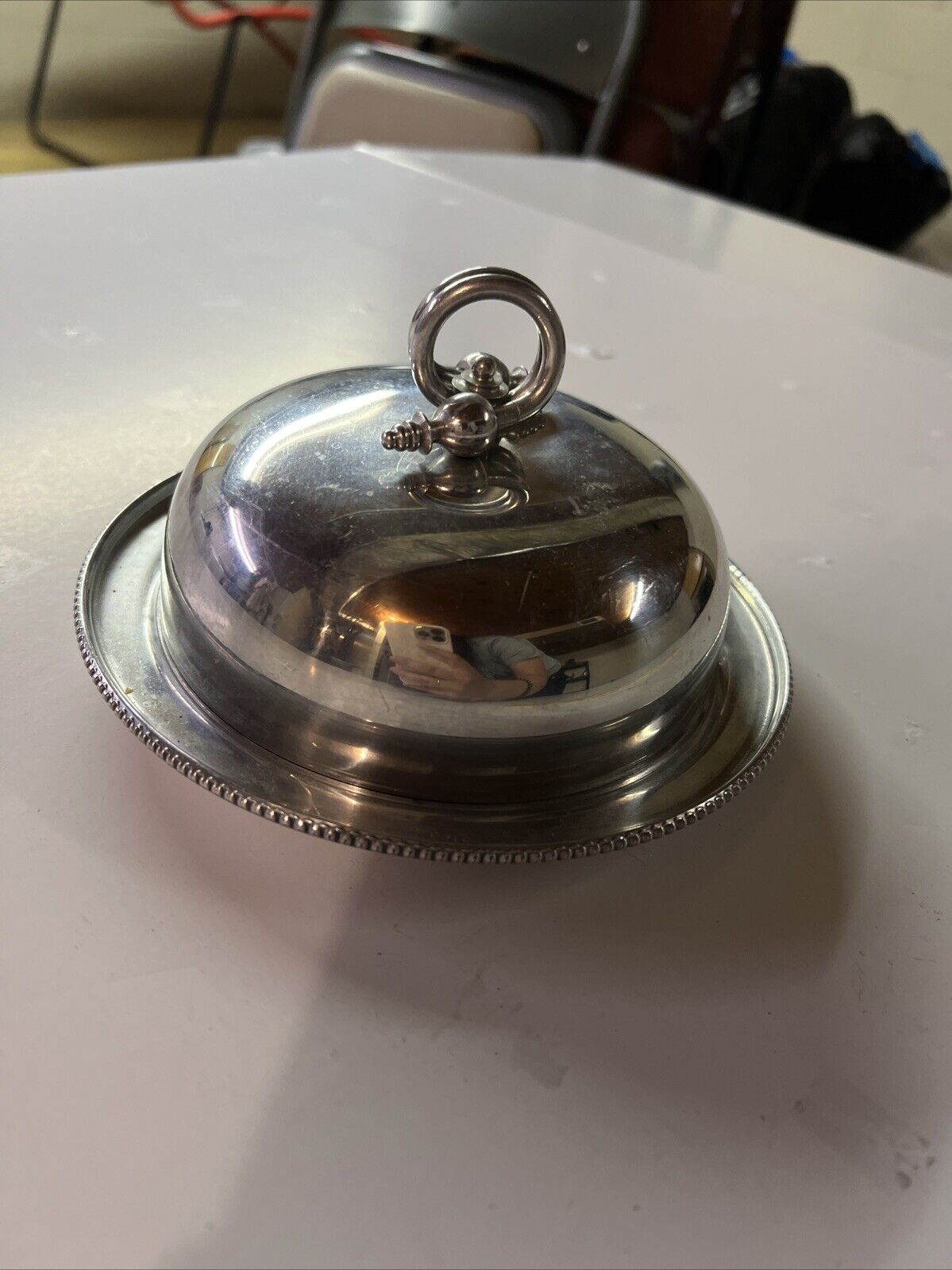 vintage round Buenilum covered butter dish with glass insert aluminum #1