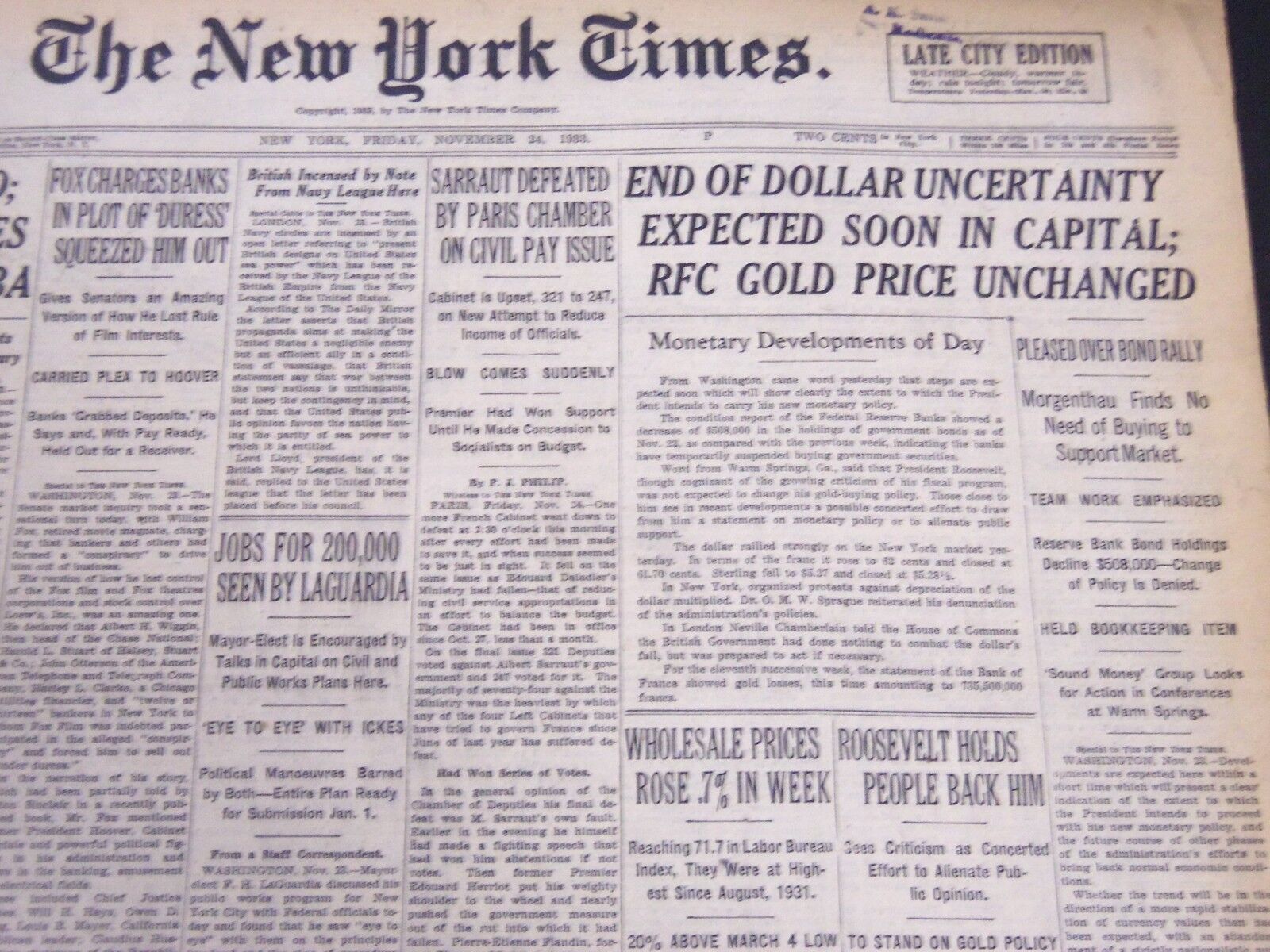 1933 NOVEMBER 24 NEW YORK TIMES - END OF DOLLAR UNCERTAINTY EXPECTED - NT 5204