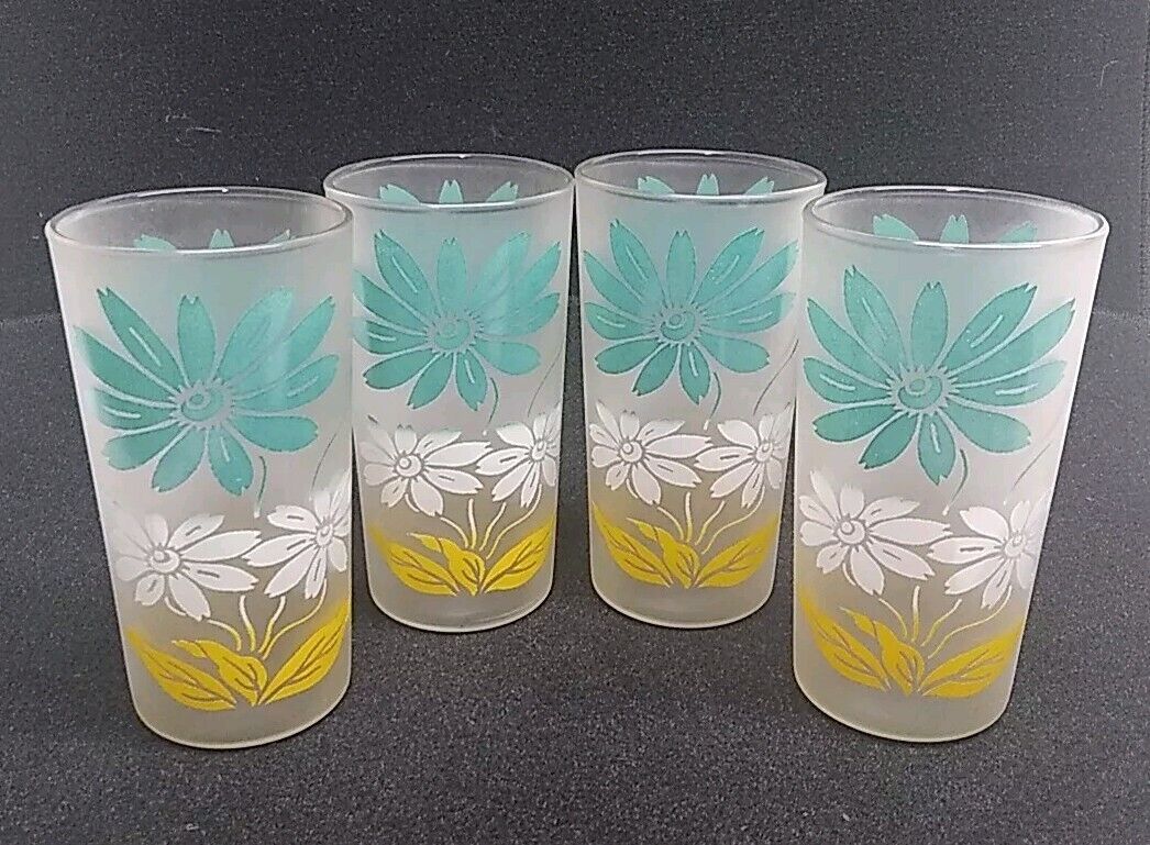 Vtg Mid Century Modern MCM Turquoise White Yellow Daisy Frosted Juice Glasses
