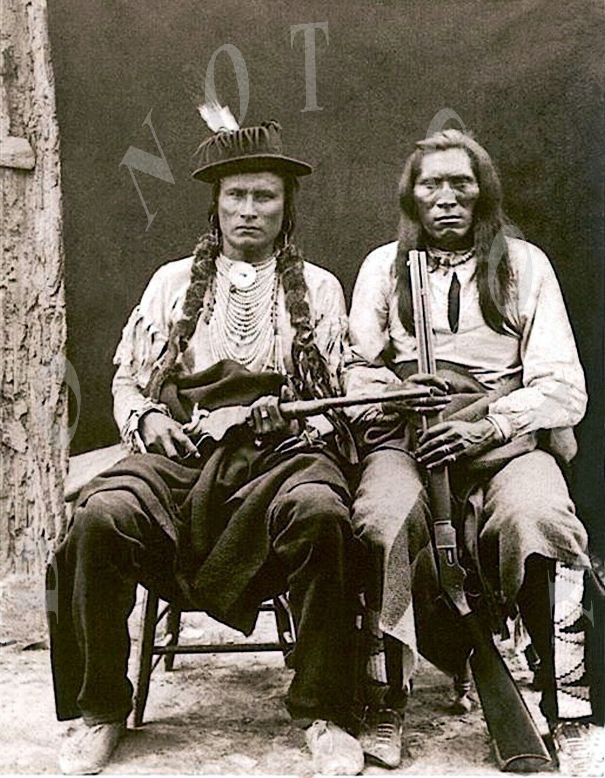 ANTIQUE REPRODUCTION 8X10 PHOTO 2 INDIANS WITH SPENCER & WINCHESTER 1873 RIFLE