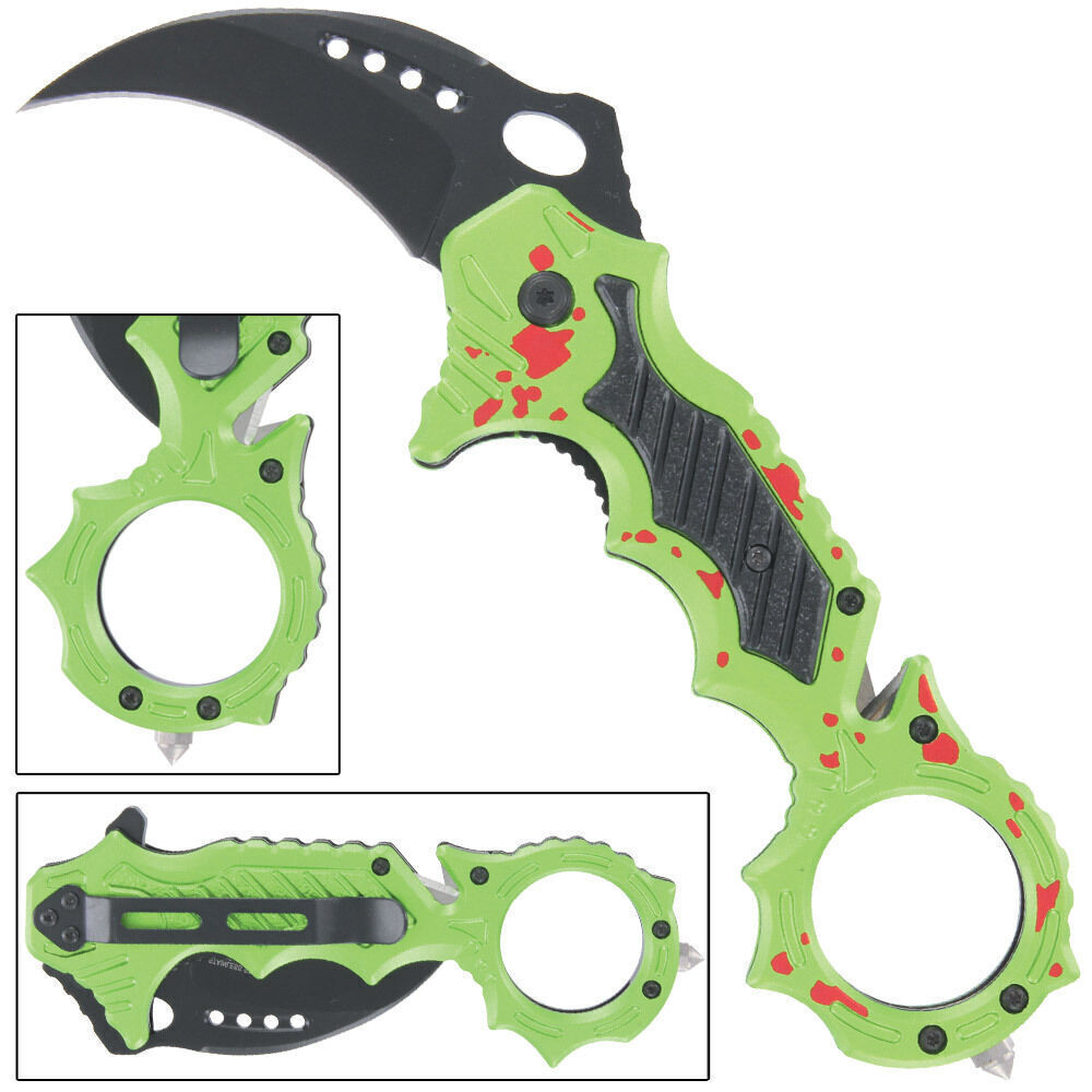 Spring Assisted Karambit Pocket Knife EDC Tactical Hawkbill Zombie Green Folding