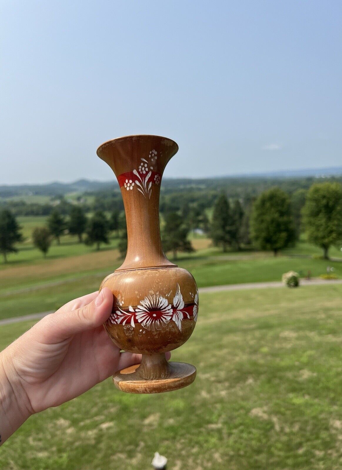 VINTAGE Antique Rustic Hand Carved Hand Painted Floral Wooden Vase