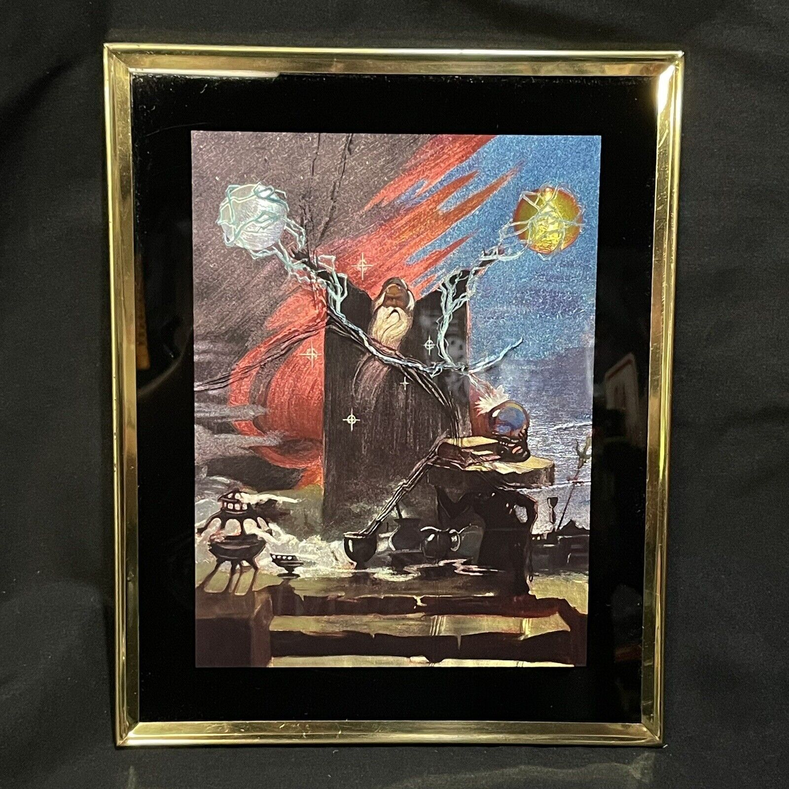 Wizard Lightning Sphere Metal Etched 8 x 10 Picture Gold Tone Frame Vintage 90s