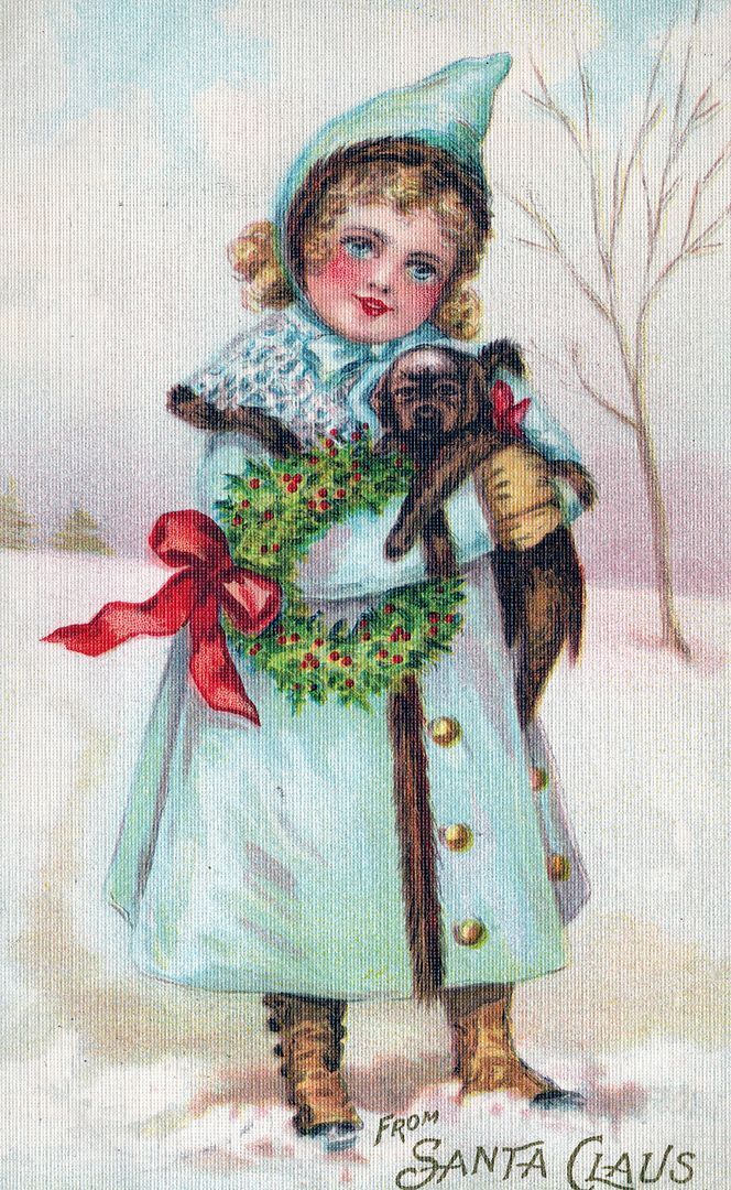 CHRISTMAS - Girl Holding Puppy Silk Covered From Santa Claus Postcard -udb- 1907
