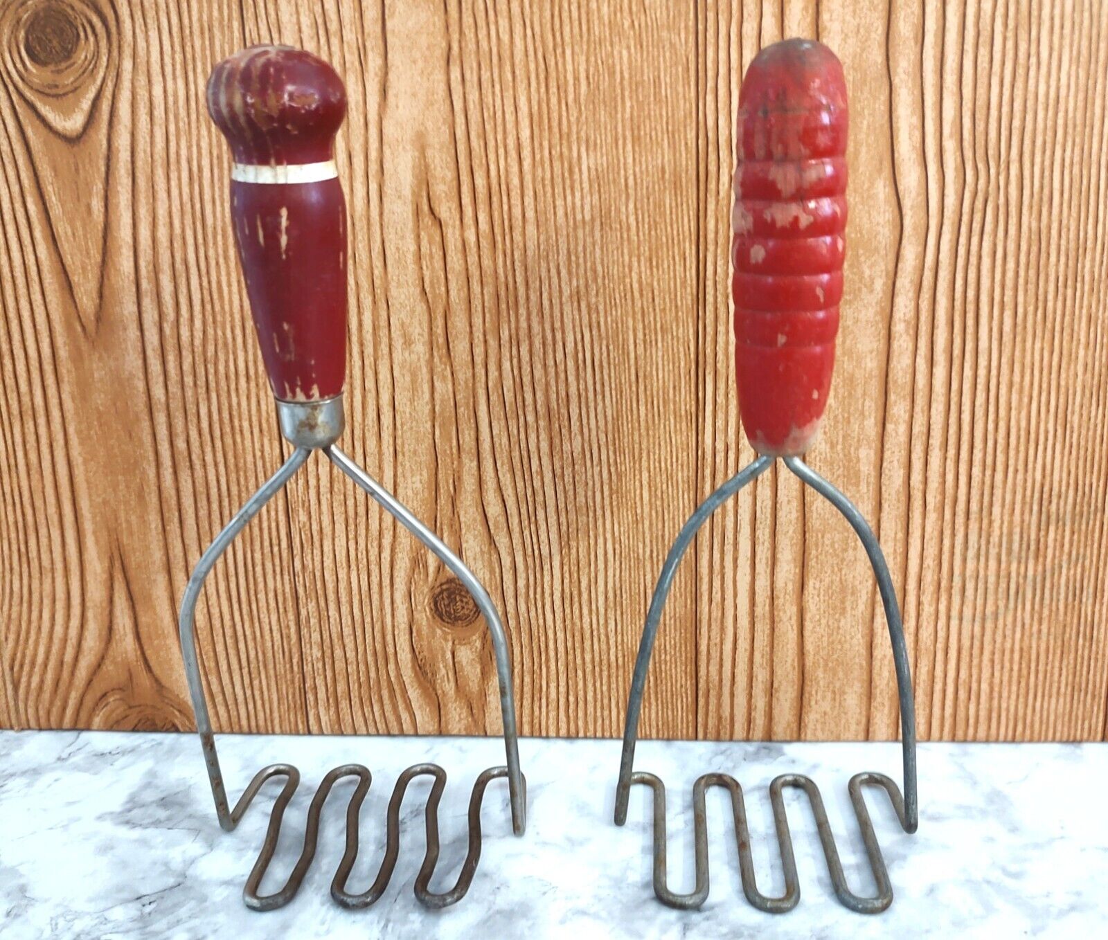 Vtg Red Wood Handle Potato Masher Set of Two 1930s - 60s Kitchen Utensils