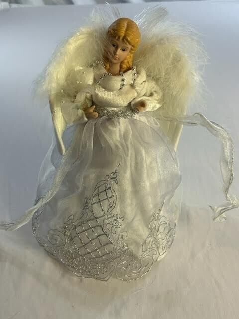 Angel Christmas Tree Topper 11 inch Holiday White Ceramic Head Large Wings