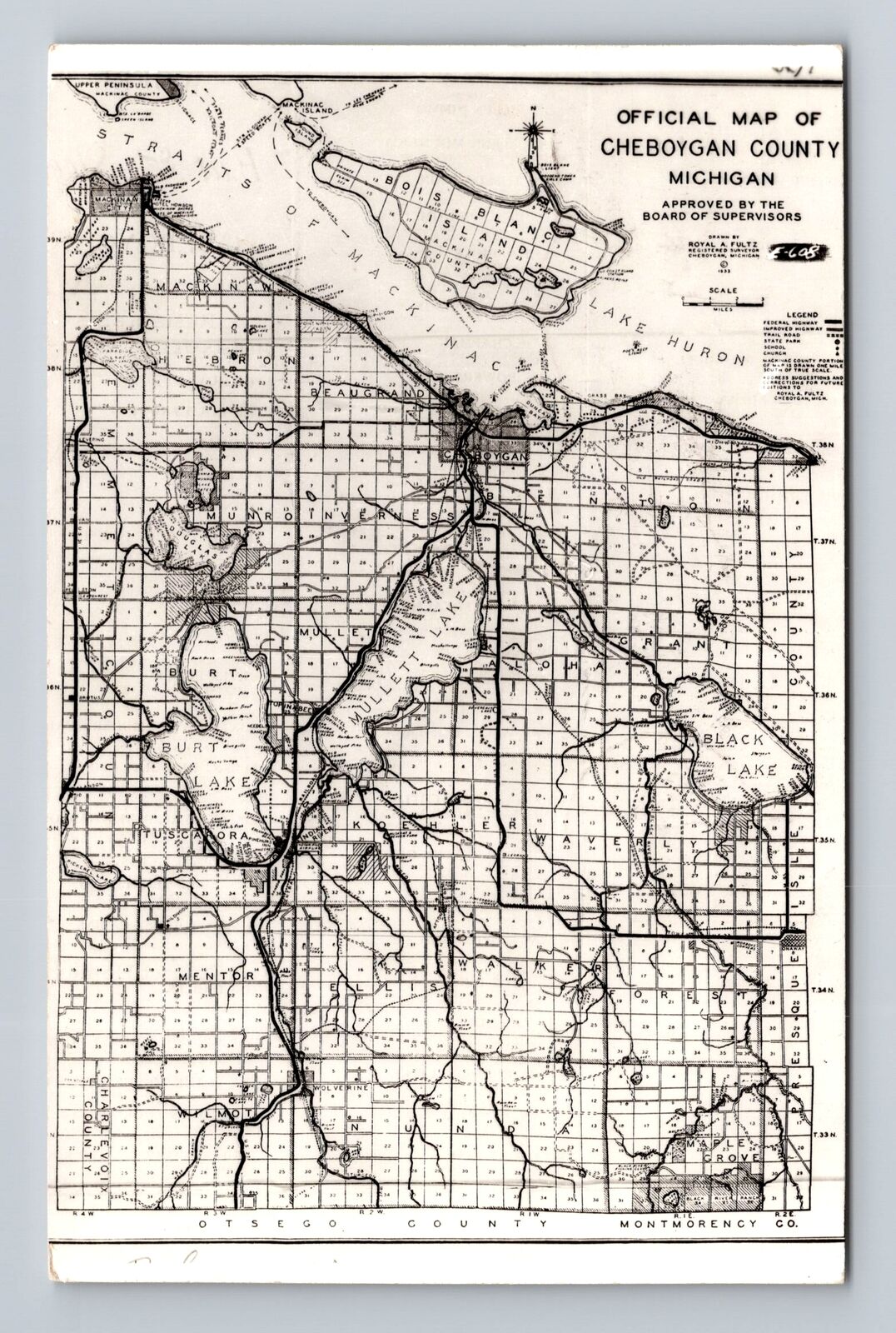 Cheboygan County MI-Michigan, Official Map Of County, Vintage c1941 Postcard