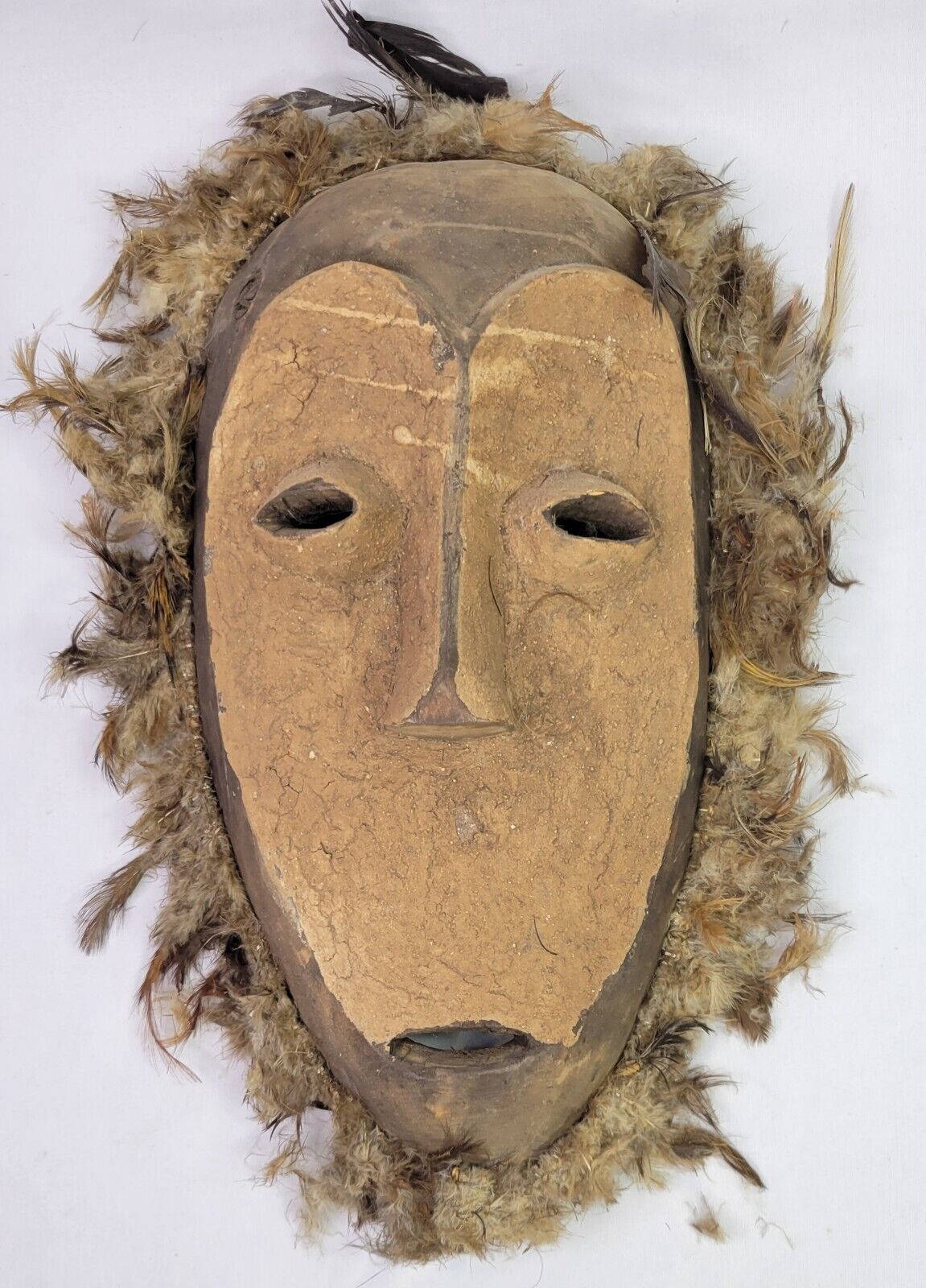 Antique African Lega Carved Wooden & Feathers Mask - Primitive Folk Art - 1950s