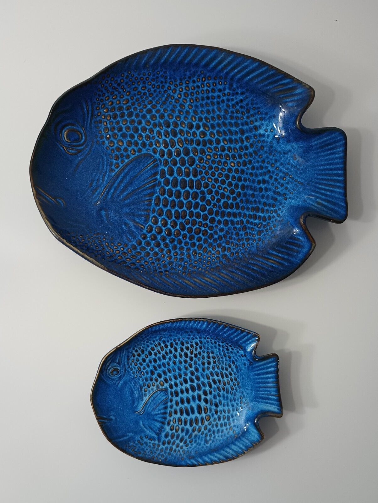 Vintage Japan Fish Plates 2 One Large One Small Blue Glazed Ceramic