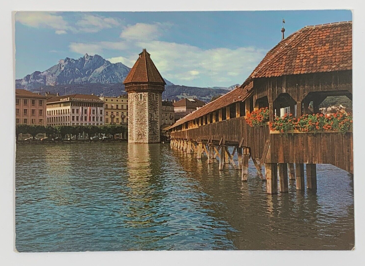 Lucerne Chapel Bridge with Water Tower and Mt. Pilate Postcard Unposted