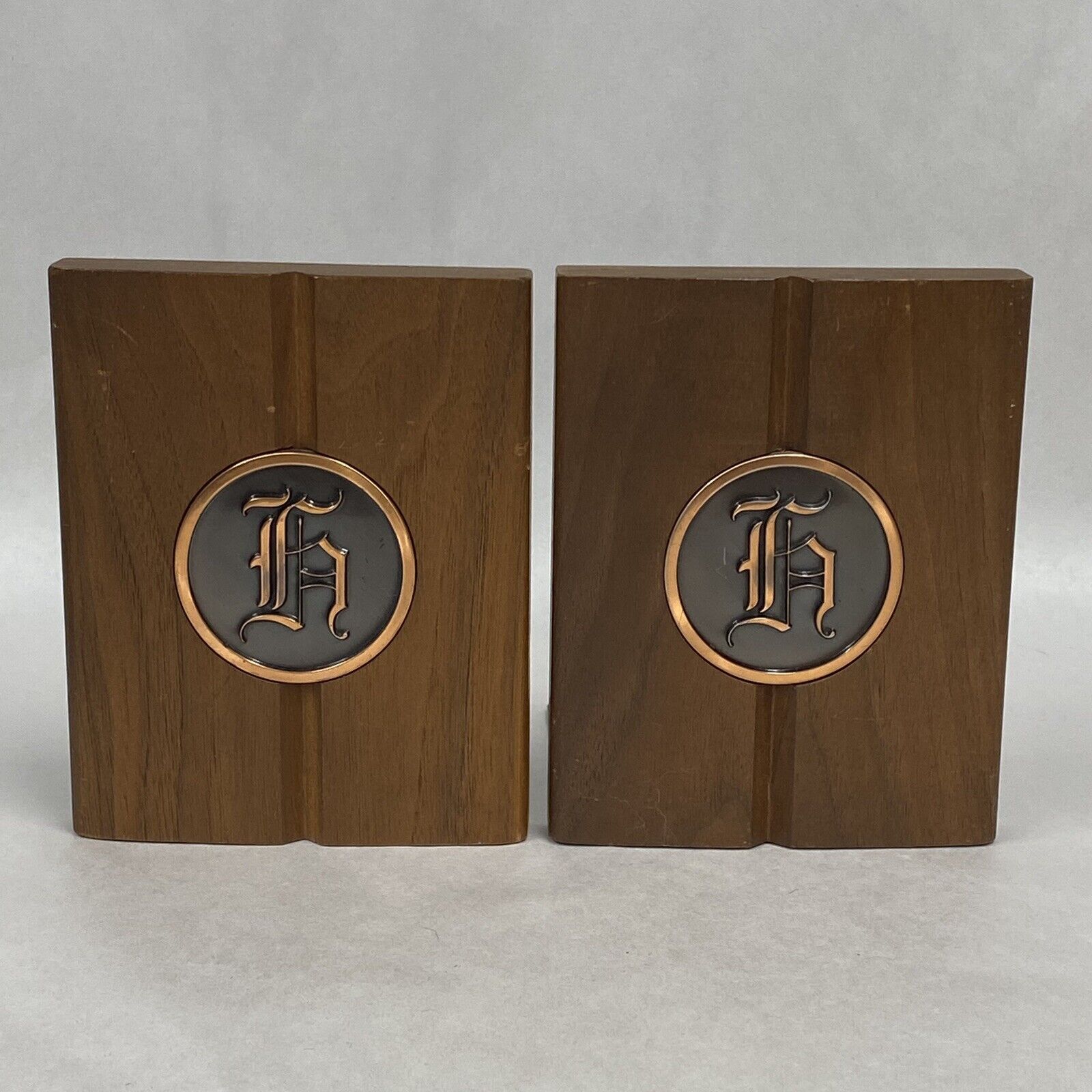 Bookends Monogramed H Wooden Vtg Wood & Metal MCM Office Library Home Decor