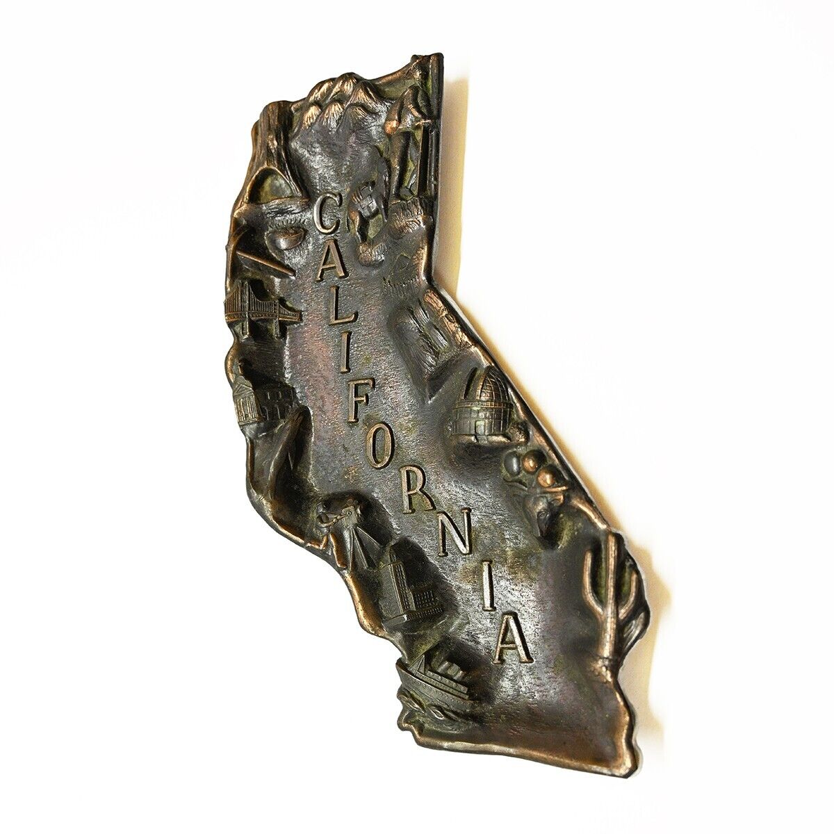 VTG California Metal Souvenir Trinket Tray Shape of State Details of History