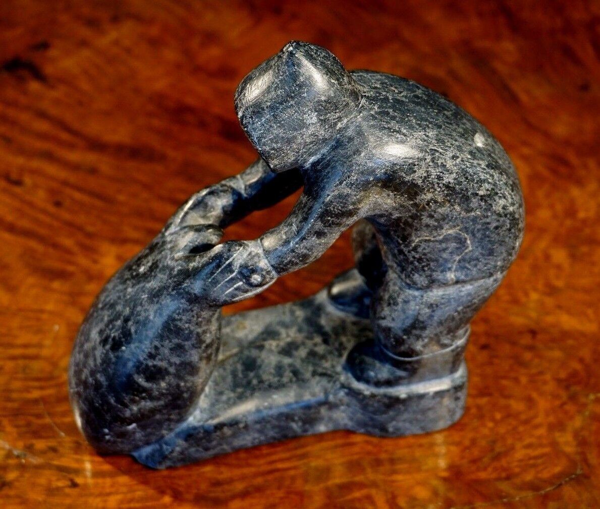 Beautiful Large Vintage Inuit Signed Carving Of A Man Hunting Seal 