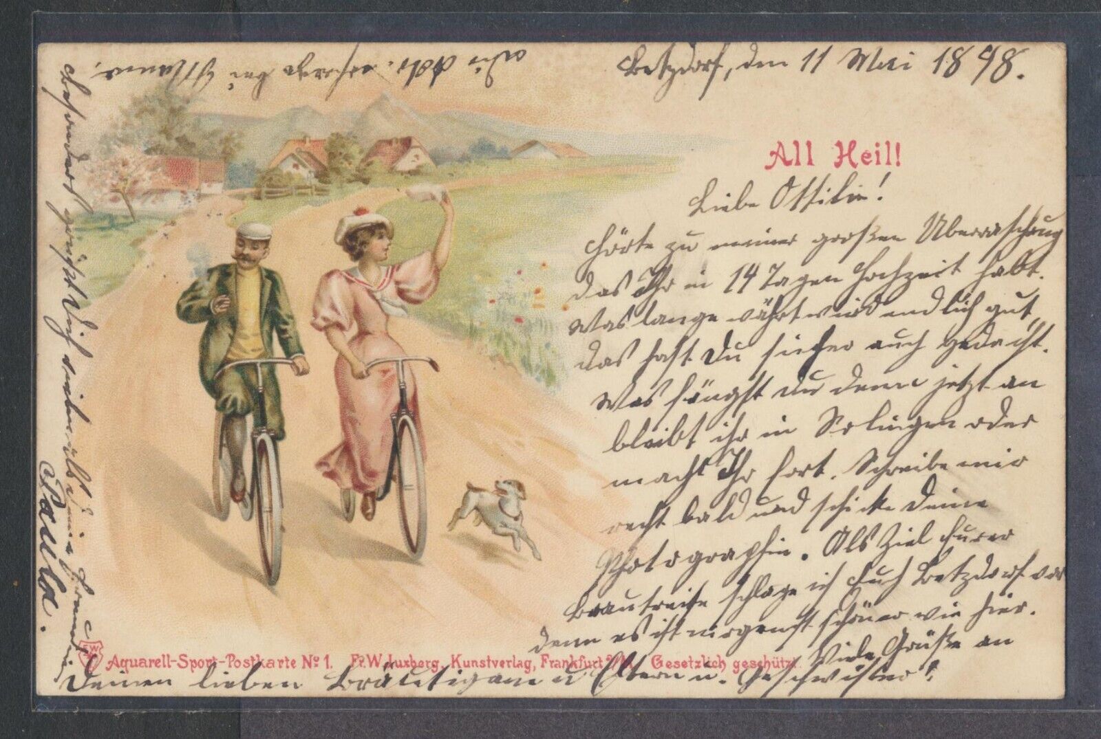 1898 Betzdorf Germany cancel Bicycling w/ Dog artist drawn picture postcard