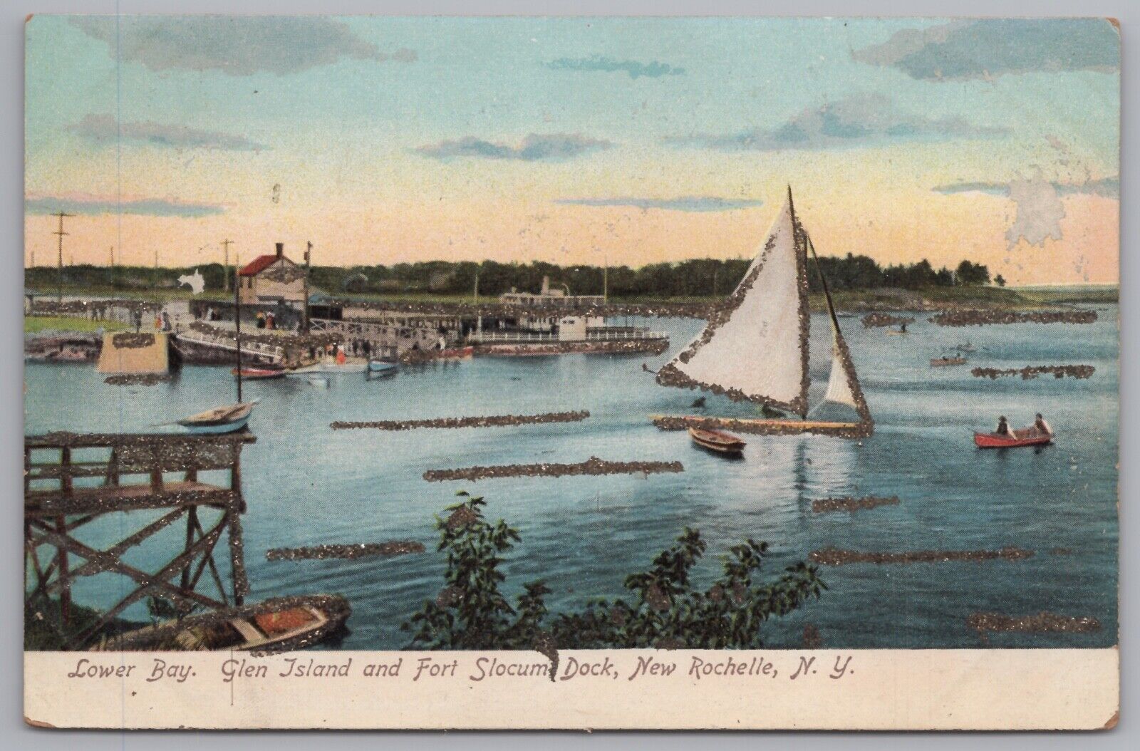 Postcard - Lower Bay Glen Island Fort Slocum Dock New Rochelle NY Lake 1900s